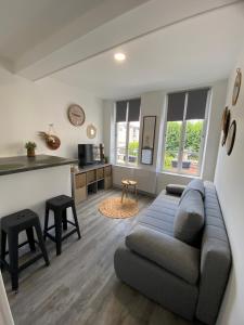 a living room with a couch and a kitchen at L'Emile Zola in Saint-Quentin