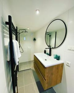 La salle de bains est pourvue d'un lavabo et d'un miroir. dans l'établissement Ambiance, à Hollum