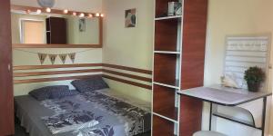 a small bedroom with a bed and a shelf at Authentic Odessa Dacha in Odesa