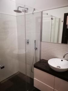 a bathroom with a sink and a glass shower at Apartament Ogarna II in Gdańsk