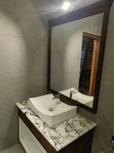 a bathroom with a sink and a mirror at Oleander Farms, Karjat in Karjat