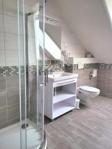 a bathroom with a shower and a sink and a toilet at Silver Lodge Vendégház Egerszalók in Egerszalók