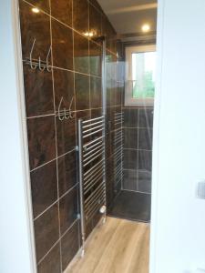 a walk in shower with a glass door at Luxe bungalow op rustig vakantiepark. in Dronrijp