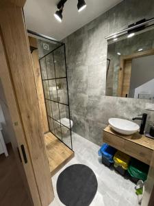 a bathroom with a sink and a toilet and a mirror at Willa Luna in Jarosławiec