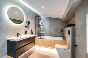 y baño con aseo, lavabo y ducha. en Loft House Double Apartament z ogródkiem, en Rybnik