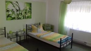 ein Schlafzimmer mit zwei Betten und einem Fenster in der Unterkunft Ferienhaus Johanna & Ferienwohnung Thum in Weischlitz