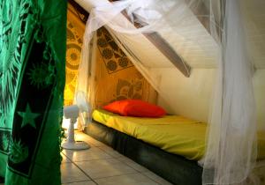 a bedroom with a bed with a canopy in a room at Happy hippies House in Sainte-Rose