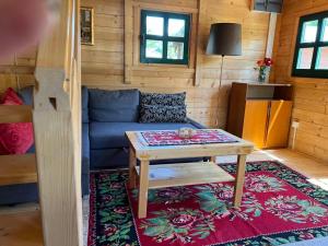 un soggiorno con divano blu e tavolo di Cottage Ravna Rijeka a Bijelo Polje