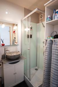 uma casa de banho com uma cabina de duche em vidro e um lavatório. em Warm Studio en duplex proche Paris et Disney em Neuilly-Plaisance