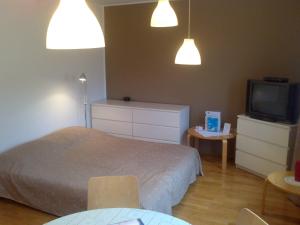 a bedroom with a bed and a tv and two lights at Apartment Rainbow Studio in Ljubljana