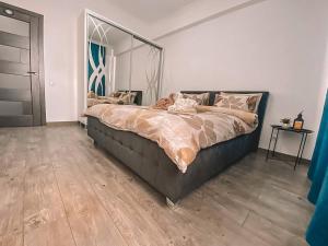 ein Schlafzimmer mit einem großen Bett und einem Spiegel in der Unterkunft Lovely Apartment in Sectorul Botanica