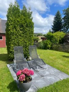two chairs and a vase with flowers in a yard at LouNa in Flensburg
