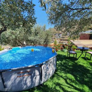 uma grande piscina de água azul num quintal em Villa Mehmeti em Saranda