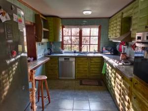 a kitchen with green walls and wooden cabinets at La Milagrera Olmué in Quebrada de Alvarado
