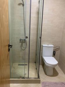 La salle de bains est pourvue de toilettes et d'une douche en verre. dans l'établissement Chez Dany à Residence Beralmar, à Assilah