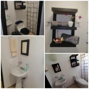 4 fotos de un baño con lavabo y aseo en hermosa casa en coto privado especial para ti y tu familia, en Tepic
