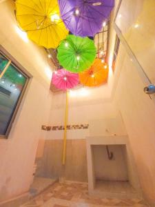 a bunch of umbrellas hanging from a ceiling at Moon House Mompox in Mompós