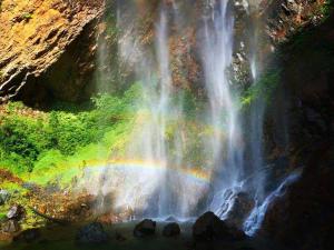 a rainbow is in front of a waterfall at RIVERSIDE PALM INN SG LEMBING in Sungai Lembing