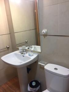 uma casa de banho com um lavatório, um WC e um espelho. em Gayfriendly 2 bedrooms apartment, pet friendly em Torremolinos