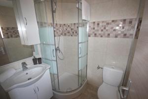 un bagno con doccia, WC e lavandino di Apartment Rustica with 2 bedrooms a Ljubač
