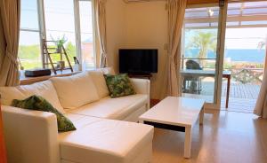 a living room with a white couch and a tv at BBQ & Rental Villa Palm Village in Minamiboso