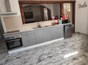 a kitchen with stainless steel appliances and a mirror at Gîte "fils et cotons" Piscine Intérieure chauffée à l'année et sauna in Celles-sur-Plaine