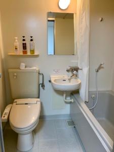a bathroom with a toilet and a sink and a tub at Business Hotel Rupinasu in Takamatsu