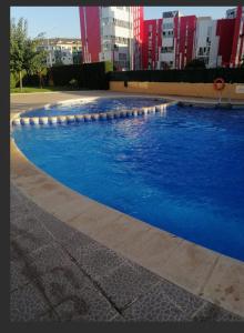 una gran piscina de agua azul en una ciudad en Apartamento Pilar, en Gandía