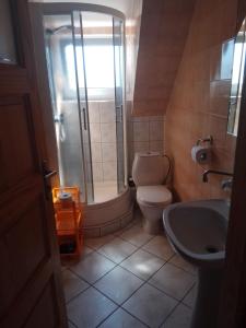a bathroom with a shower and a toilet and a sink at Pokoje Teresa in Jastrzębia Góra