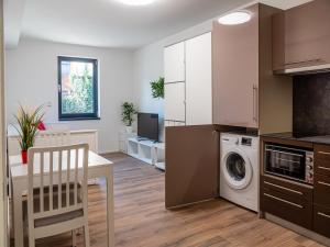 una cucina con tavolo e lavatrice di Apartmány Gemini a Zlín