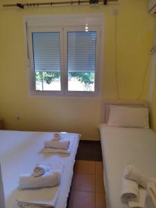 2 Einzelbetten in einem Zimmer mit Fenster in der Unterkunft Vila Branka in Čanj