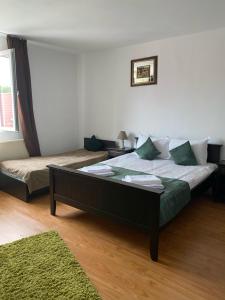 a bedroom with a large bed and a green rug at Pensiunea Viena in Târgu-Mureş