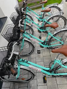 um grupo de bicicletas azuis estacionadas um ao lado do outro em Apartments Lakeside 29 Zell am See em Zell am See
