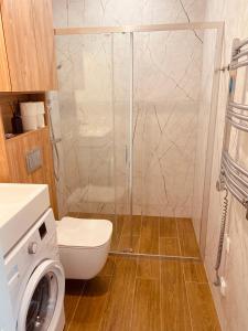 耶德库安特Rimos apartamentai Juodkranteje的带淋浴和卫生间的浴室以及洗衣机
