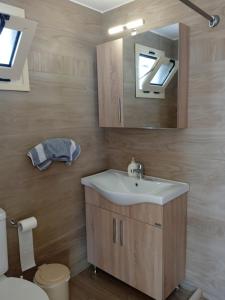 a bathroom with a sink and a mirror and a toilet at Evoikos beach & resort in Livanátai