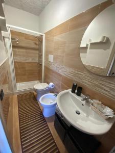 uma casa de banho com um lavatório, um WC e um espelho. em B&B Felice em Maratea