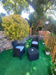 a garden with two chairs and a table on the grass at B&B Felice in Maratea