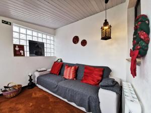 sala de estar con sofá gris y almohadas rojas en Saborearia Guesthouse, en Figueira de Castelo Rodrigo