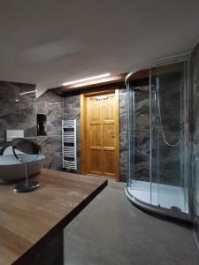 y baño con ducha acristalada y lavamanos. en Chata Bramberk en Lučany nad Nisou