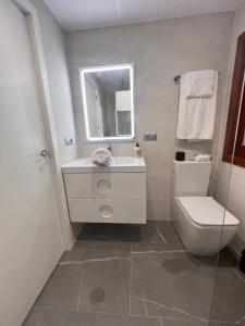 a bathroom with a toilet and a sink and a mirror at Apartamento espacioso de diseño a 3 min RENFE. in Córdoba +25 photos
