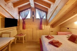 een slaapkamer met 2 bedden en een tv in een kamer bij Baita dei ski app 5 in Livigno