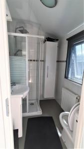 ein weißes Bad mit einem Waschbecken und einem WC in der Unterkunft Mooi Chalet voor een Top Vakantie aan Zee in Biggekerke