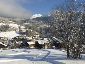 a village covered in snow with a mountain in the background at Appartement Saint-Jean-de-Sixt, 2 pièces, 5 personnes - FR-1-459-113 in Saint-Jean-de-Sixt