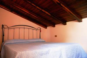 1 cama en un dormitorio con techo de madera en Casale Santa Croce, en Pastena