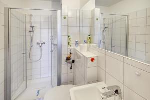 a bathroom with a shower and a toilet and a sink at fewo1846 Strandresidenz Wassersleben - Kleine Meerjungfrau - komfortables Studioapartment im Dachgeschoss in Harrislee
