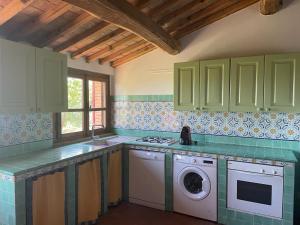 cocina con armarios verdes y lavadora en Casa di campagna in collina, en Tatti