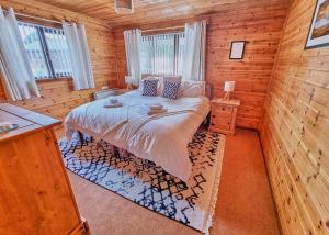 een slaapkamer met een bed in een blokhut bij Wnion Wood Lodge with log burner & sauna in Snowdonia in Llanfachreth
