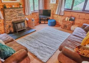 a living room with a couch and a fireplace at Wnion Wood Lodge with log burner & sauna in Snowdonia in Llanfachreth