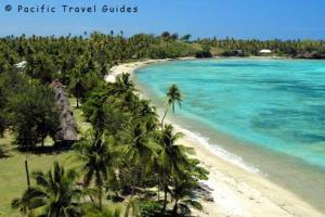 uma vista para uma praia com palmeiras e para o oceano em Nabua Lodge em Nacula Island