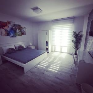 a bedroom with a bed and a window and a table at GUEST HOUSE TRA CIELO E MARE in Nettuno